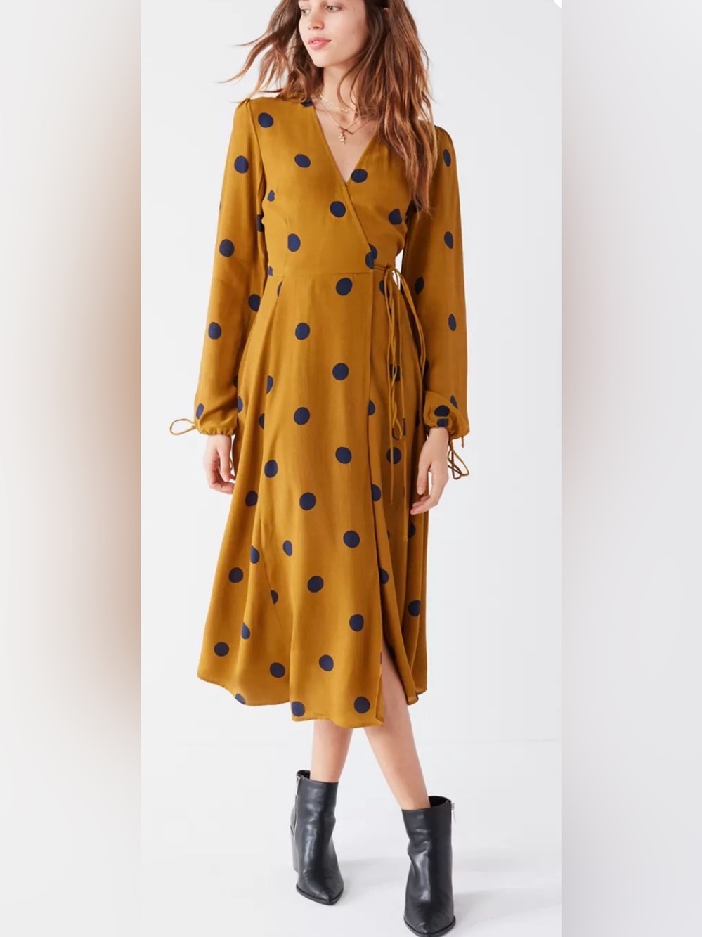 Urban Outfitters Audrey Wrap Midi Dress Long Sleeves Mustard Navy Polka Dots Med